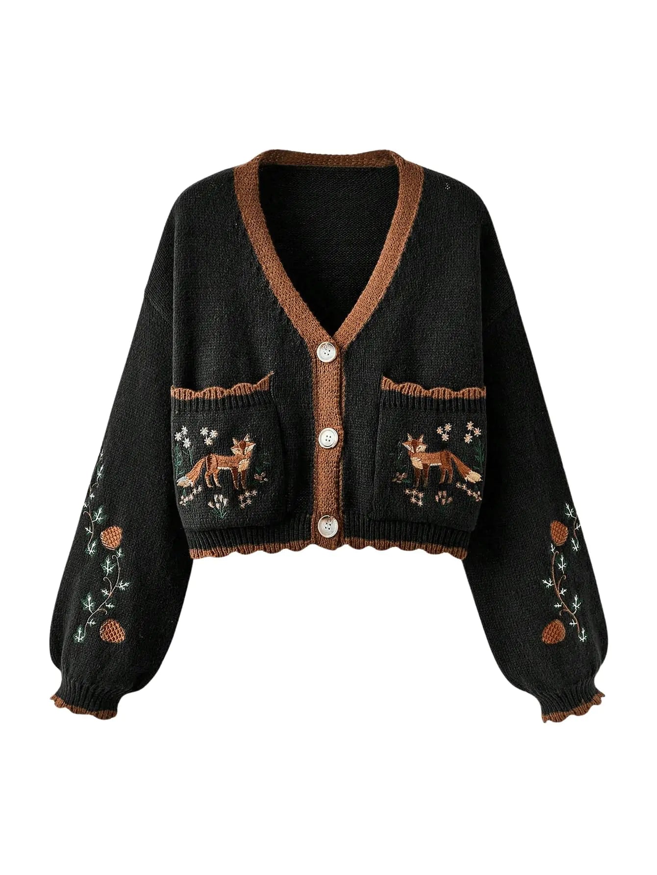 Cardigan Bordado de Flores de Tricô